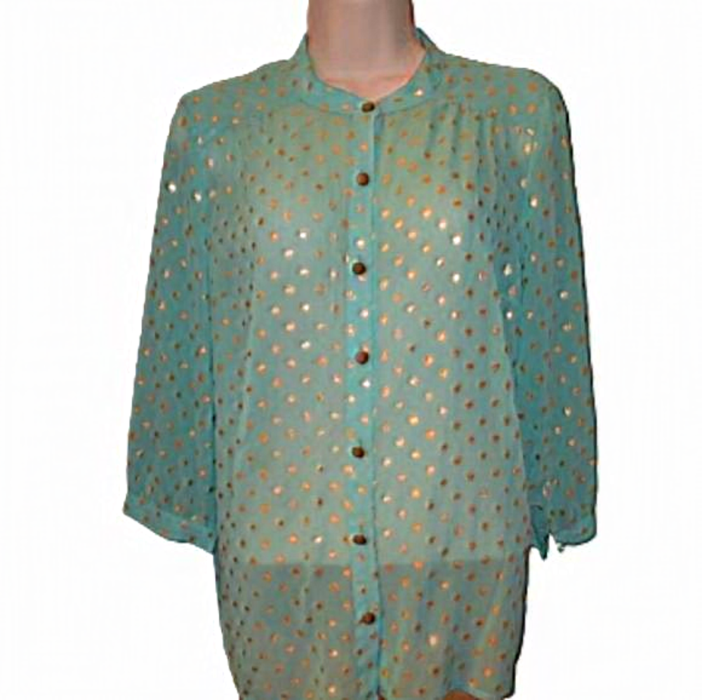 Forever 21 Polka Dot Sheer Blouse Mint Green Gold